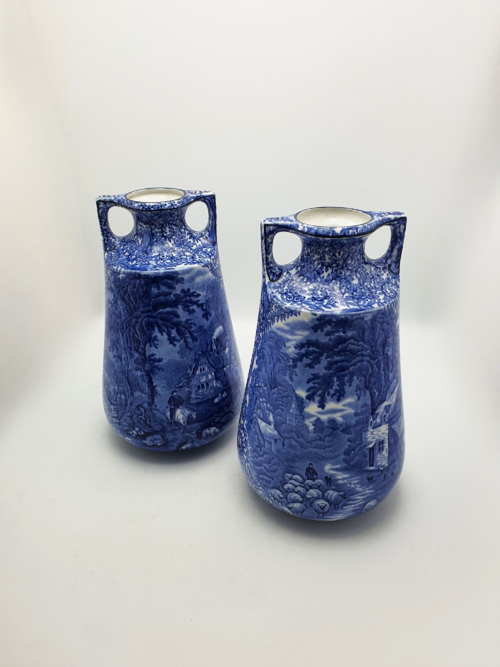 Lovely Large Pair of J. Kent Fenton Blue & White Transferware Vase – circa 1920