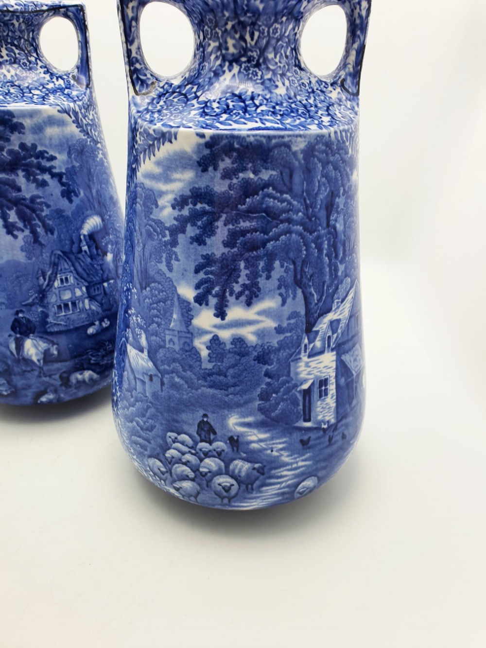 Lovely Large Pair of J. Kent Fenton Blue & White Transferware Vase – circa 1920 View II