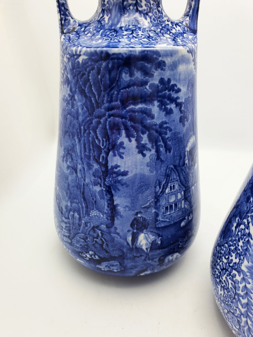Lovely Large Pair of J. Kent Fenton Blue & White Transferware Vase – circa 1920 View III