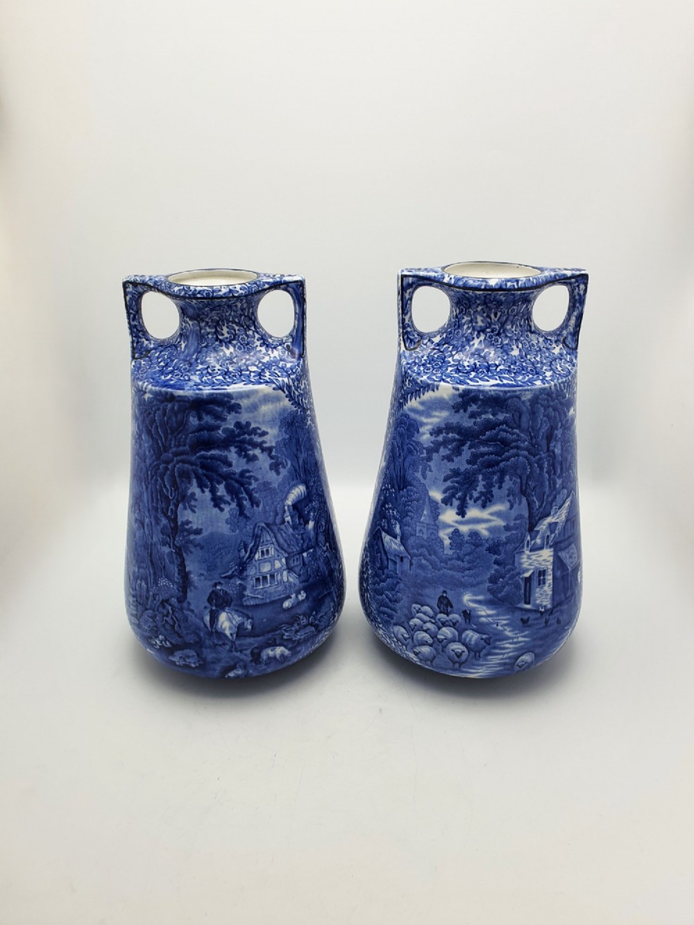 Lovely Large Pair of J. Kent Fenton Blue & White Transferware Vase – circa 1920 View IV