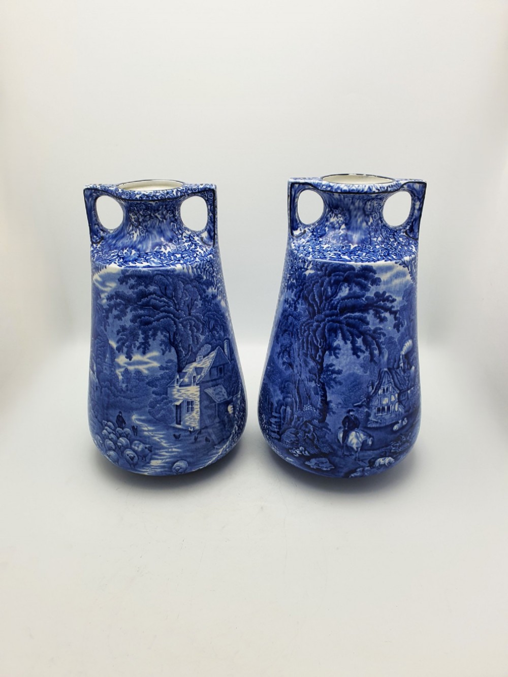 Lovely Large Pair of J. Kent Fenton Blue & White Transferware Vase – circa 1920 View V