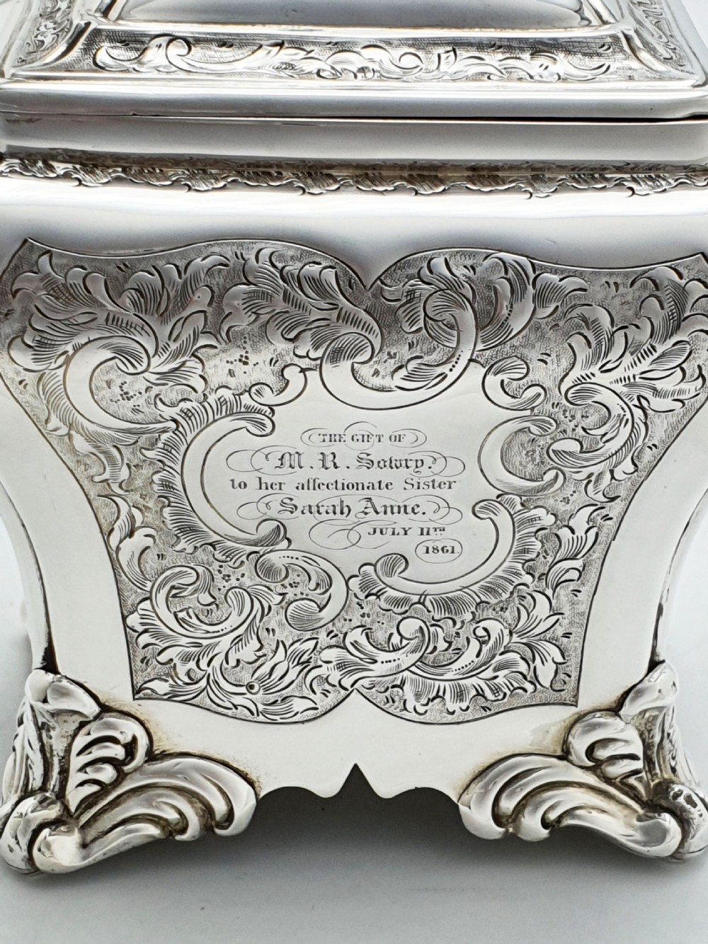 Stunning Antique Victorian Silver Plated Engraved Tea Caddy – 1860 View VIII