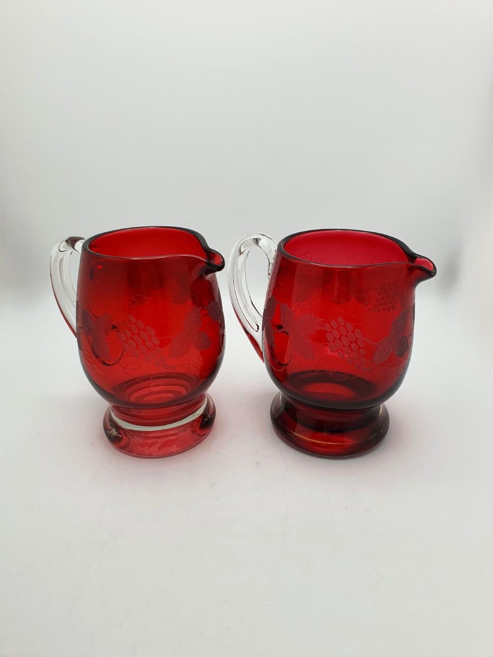 Beautiful Pair of Antique Ruby Red Glass Water Jugs - circa 1920 