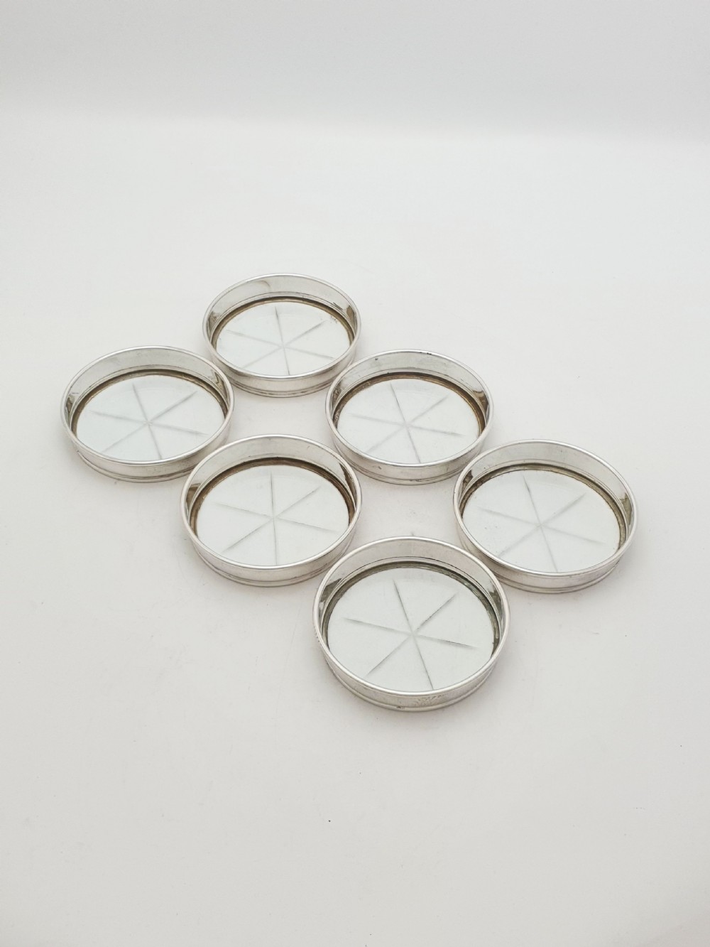 Set of 6 Birks Sterling Silver And Glass Coasters – circa 1920