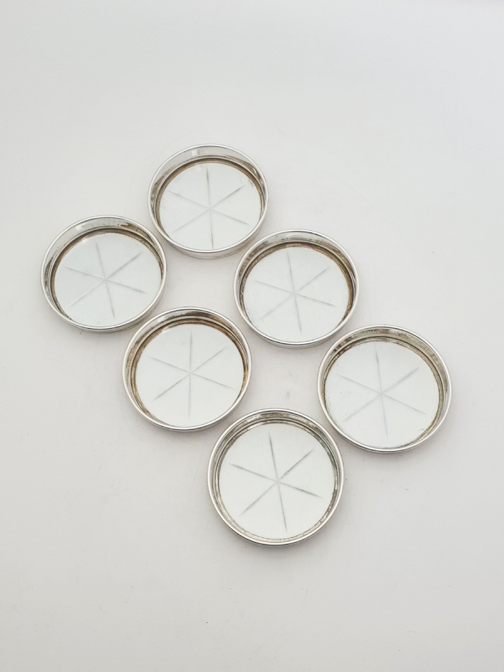 Set of 6 Birks Sterling Silver And Glass Coasters – circa 1920 View II