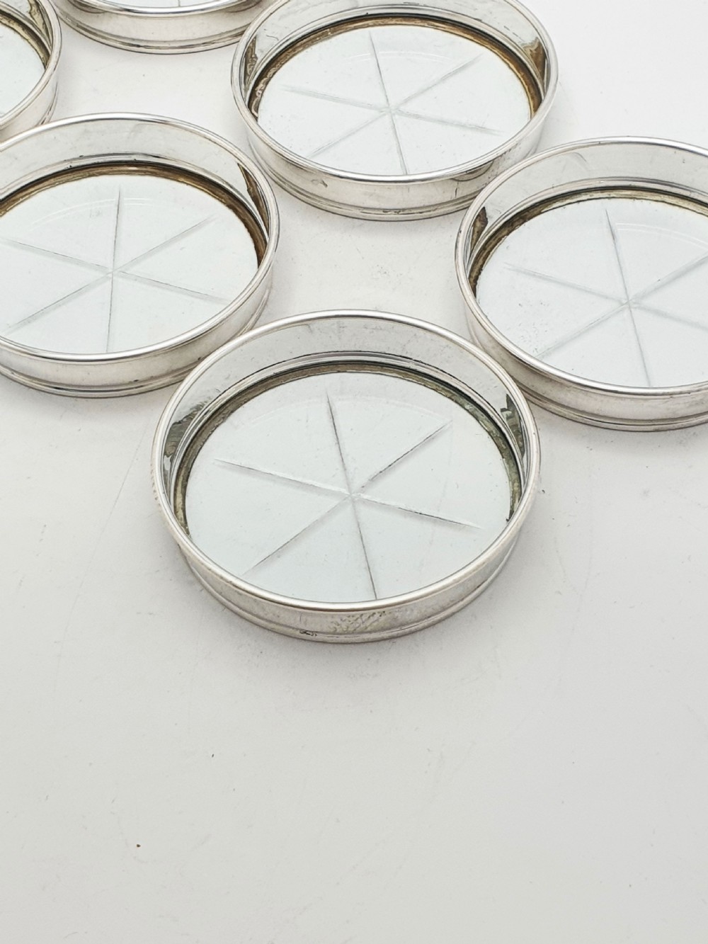 Set of 6 Birks Sterling Silver And Glass Coasters – circa 1920 View III