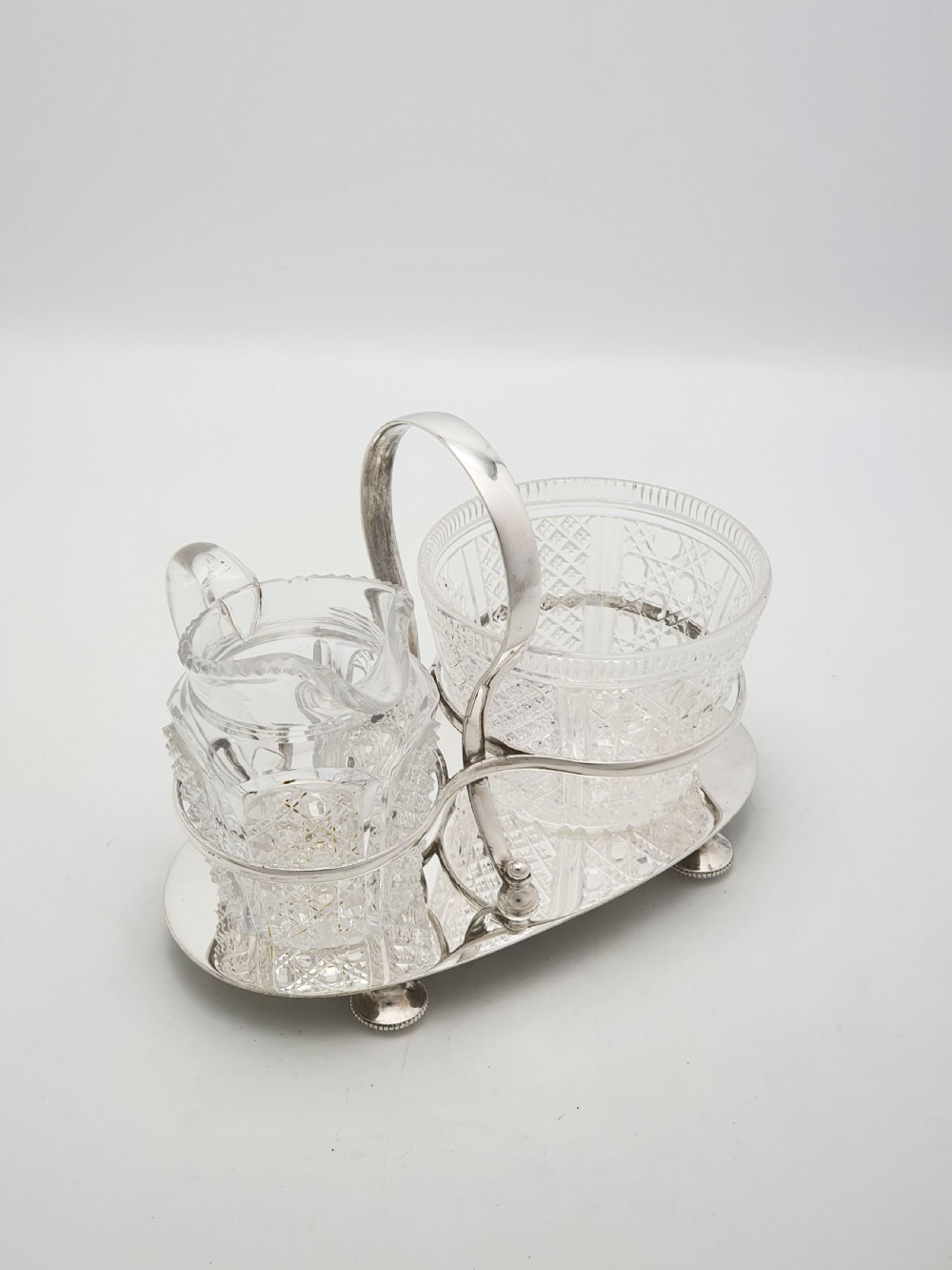 Antique Edwardian Silver Plated Stand With Cut Glass Bowl And Cream Jug – circa 1905