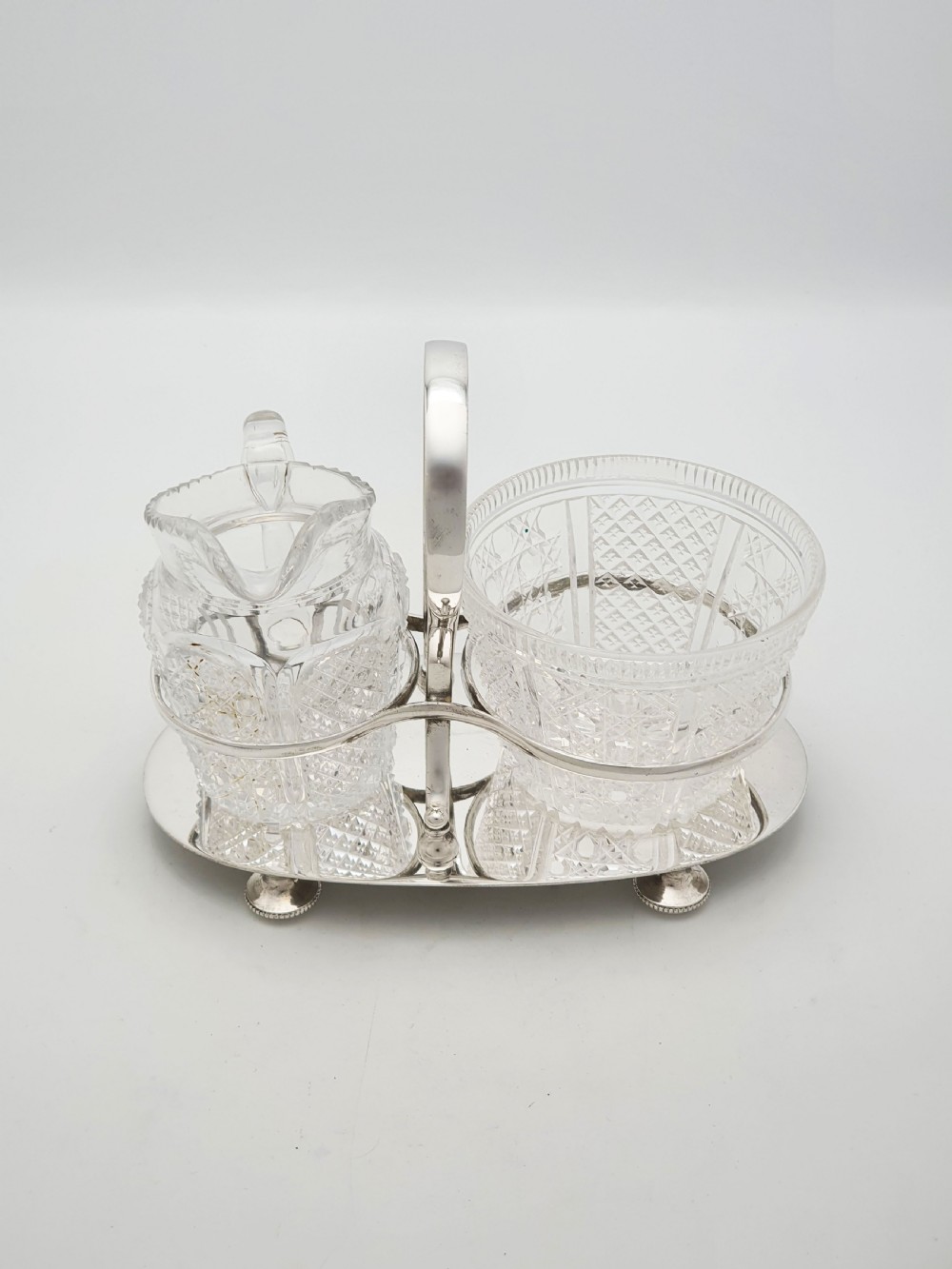 Antique Edwardian Silver Plated Stand With Cut Glass Bowl And Cream Jug – circa 1905 View II