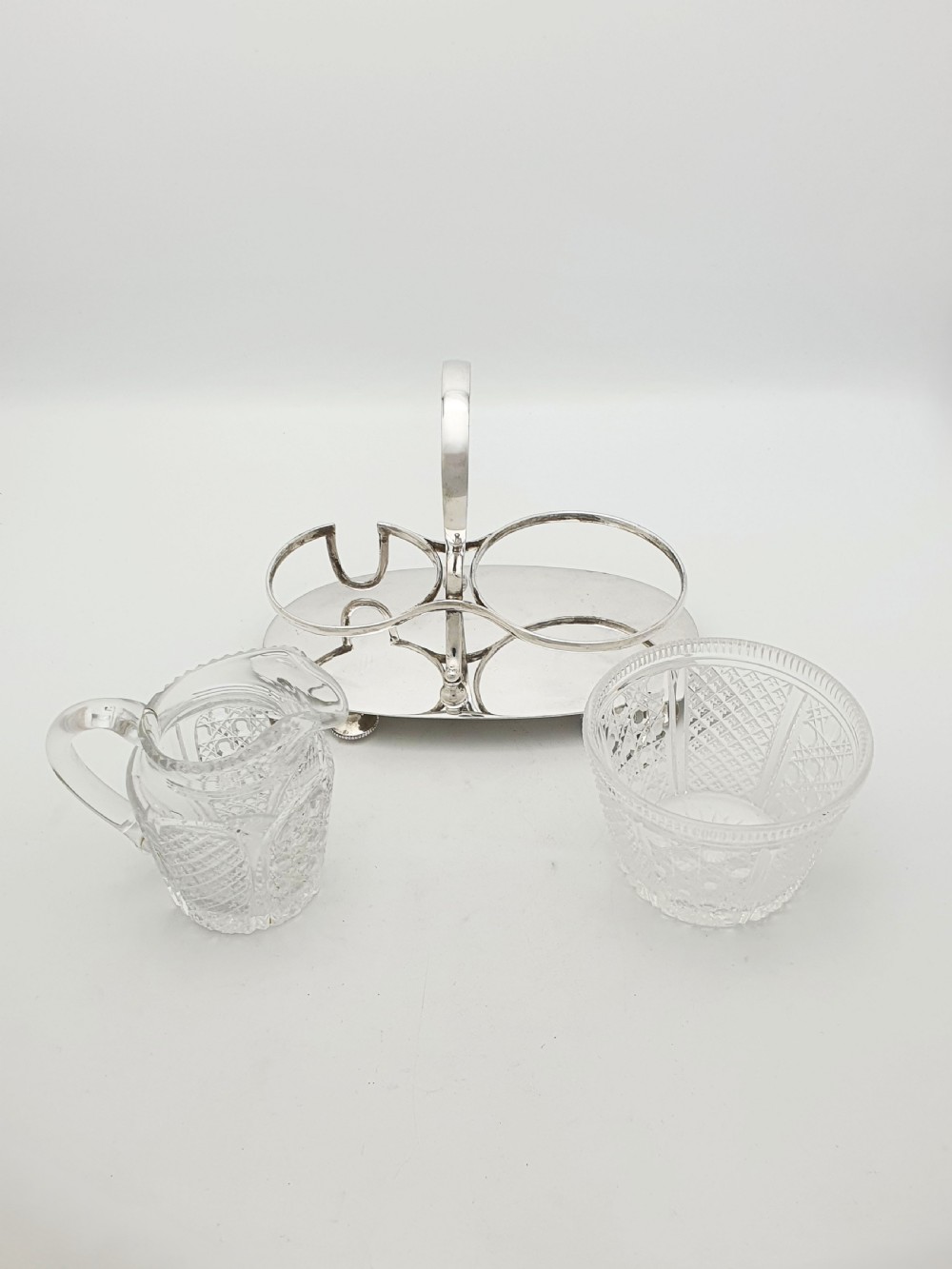 Antique Edwardian Silver Plated Stand With Cut Glass Bowl And Cream Jug – circa 1905 View III