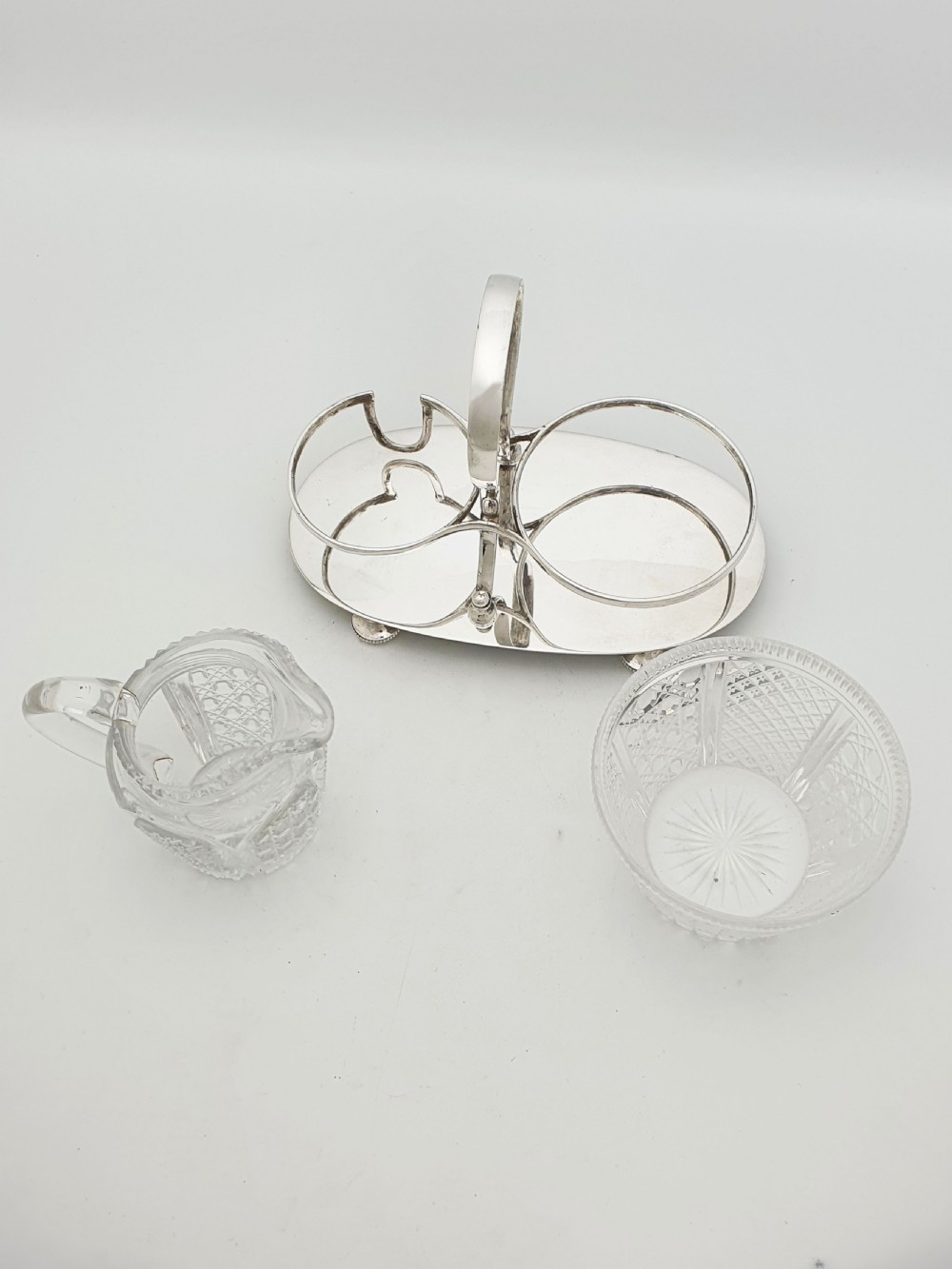 Antique Edwardian Silver Plated Stand With Cut Glass Bowl And Cream Jug – circa 1905 View IV