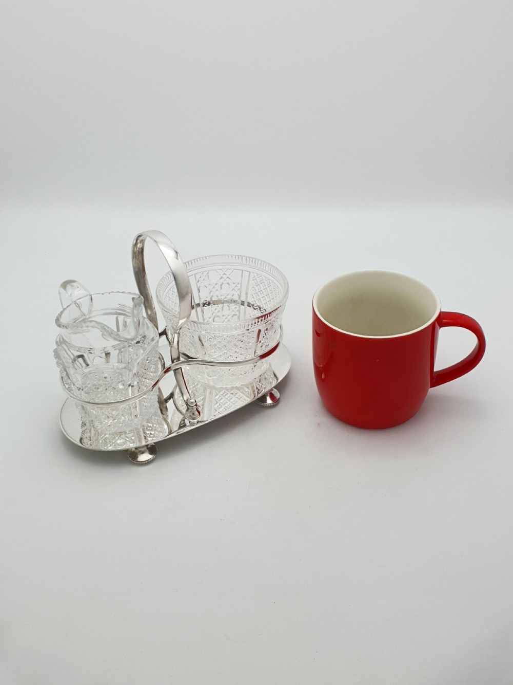 Antique Edwardian Silver Plated Stand With Cut Glass Bowl And Cream Jug – circa 1905 View VII