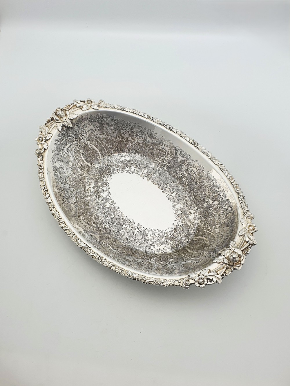 Beautifully Embossed Silver Plated Bread Basket With Fork – circa 1930 View II
