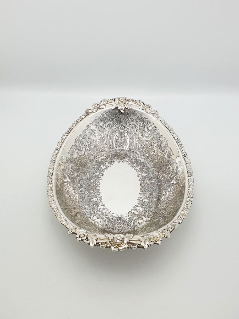 Beautifully Embossed Silver Plated Bread Basket With Fork – circa 1930 View V