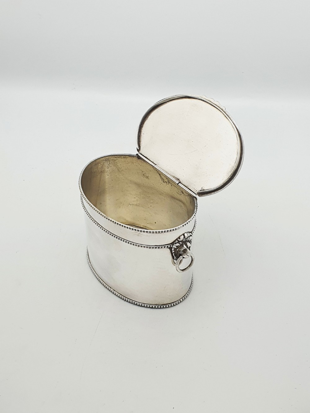 An oval silver tea caddy featuring lion mask ring handles on the sides, a hinged lid with beaded edging, and a front clip holding a small silver caddy spoon. View III
