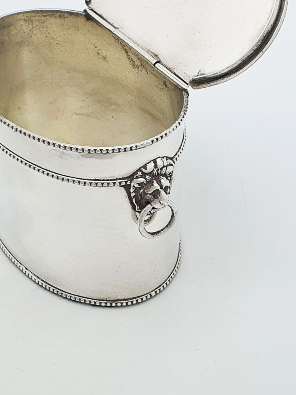 An oval silver tea caddy featuring lion mask ring handles on the sides, a hinged lid with beaded edging, and a front clip holding a small silver caddy spoon. View IV