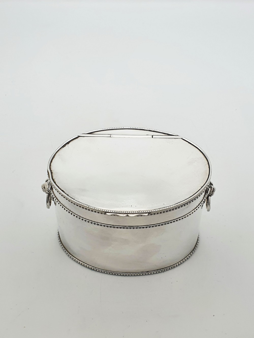 An oval silver tea caddy featuring lion mask ring handles on the sides, a hinged lid with beaded edging, and a front clip holding a small silver caddy spoon. View V