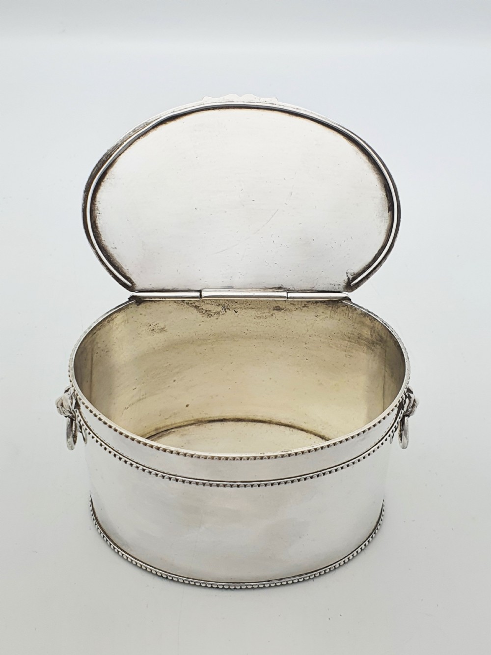 An oval silver tea caddy featuring lion mask ring handles on the sides, a hinged lid with beaded edging, and a front clip holding a small silver caddy spoon. View VI