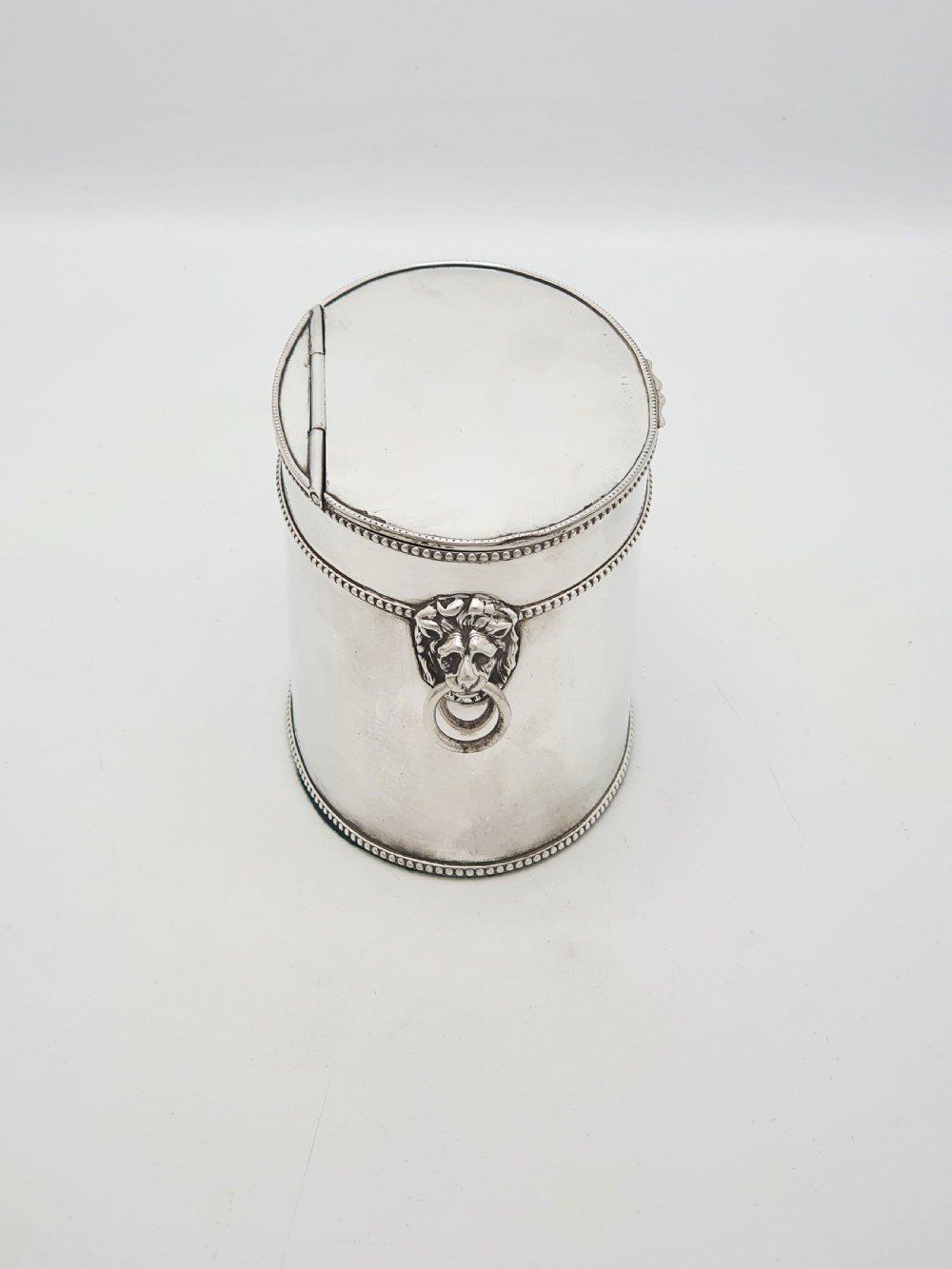 An oval silver tea caddy featuring lion mask ring handles on the sides, a hinged lid with beaded edging, and a front clip holding a small silver caddy spoon. View VIII
