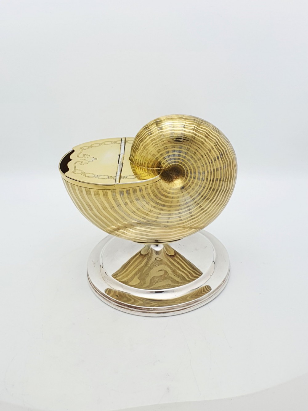 A Victorian silver-plated and gilt metal spoon warmer designed in the form of a nautilus shell on a pedestal base. View IV