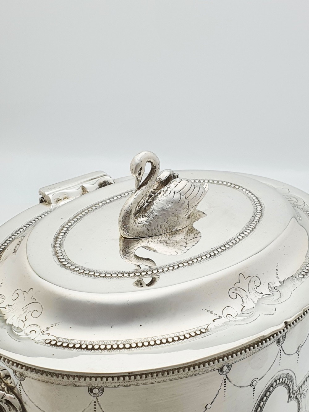 Splendid Antique Victorian Swan Finial Biscuit Barrel – circa 1880 View V