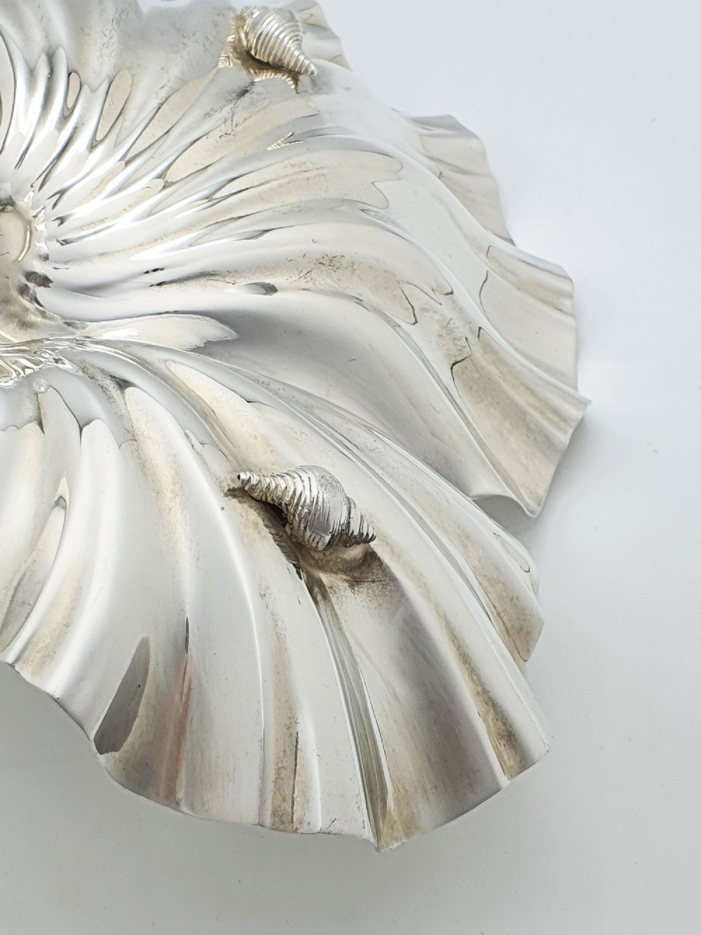 A Victorian silver-plated dish featuring two fluted shell-shaped compartments joined by a central handle modelled as textured coral. View VI