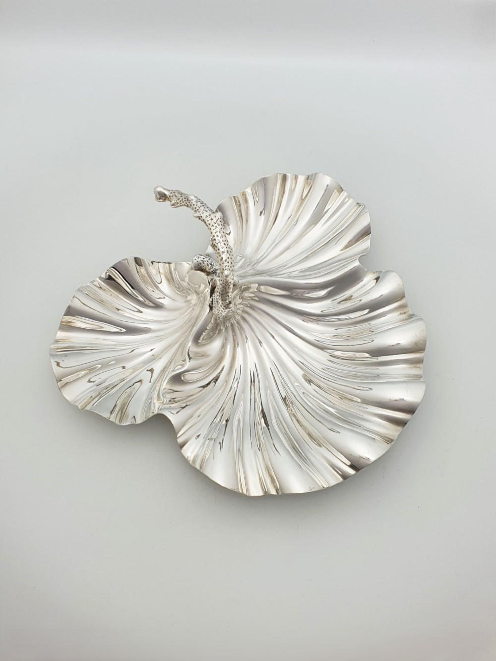 A Victorian silver-plated dish featuring two fluted shell-shaped compartments joined by a central handle modelled as textured coral. View VIII