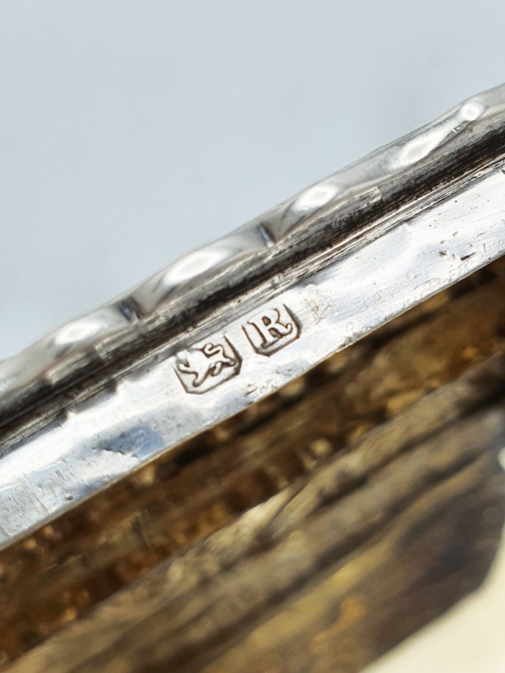 A rectangular Victorian sterling silver snuff box with intricate repousse relief work depicting a pastoral scene surrounded by floral scrollwork. View X