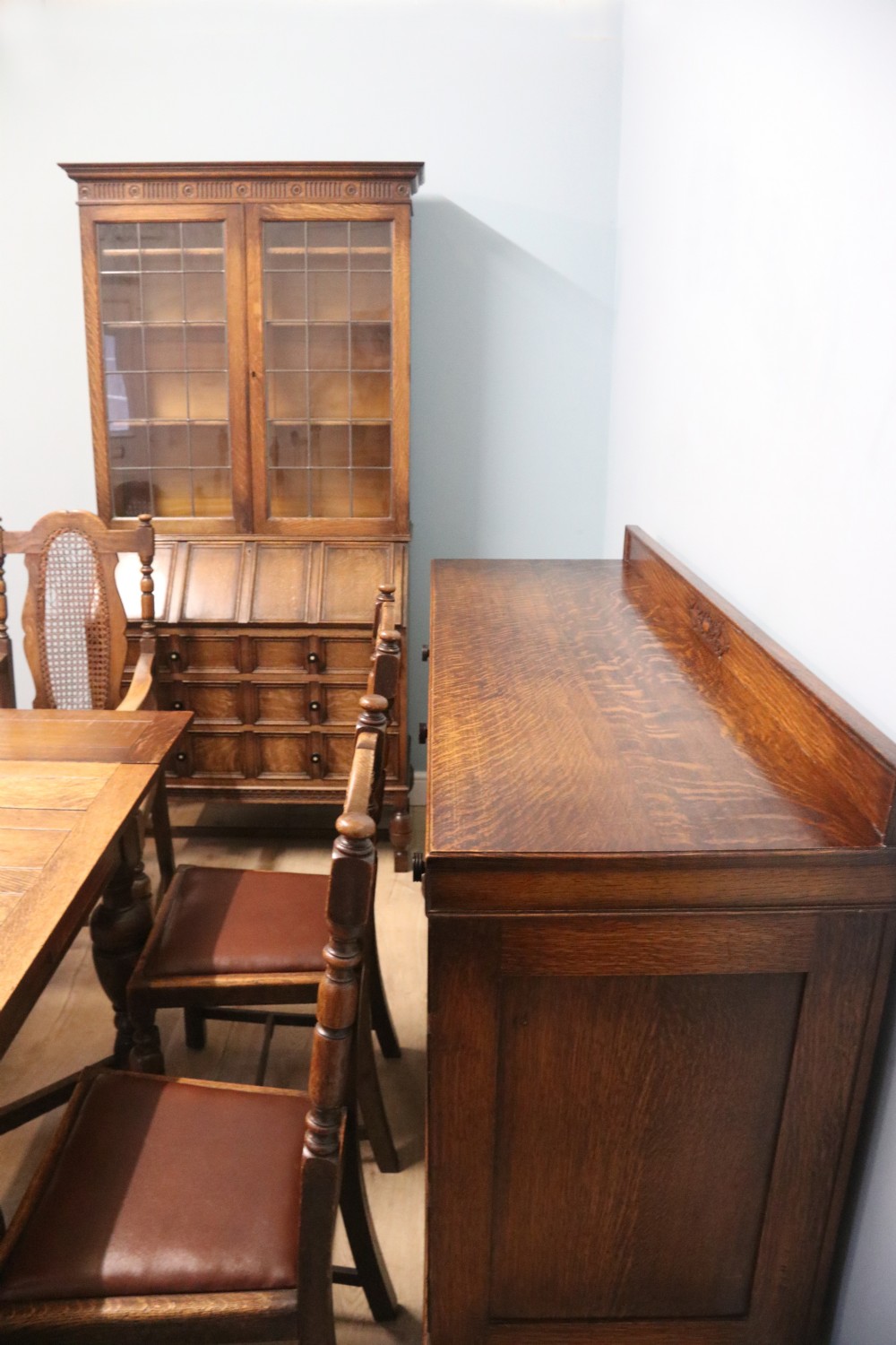 Jacobean style oak dining room suite of excellent quality View II