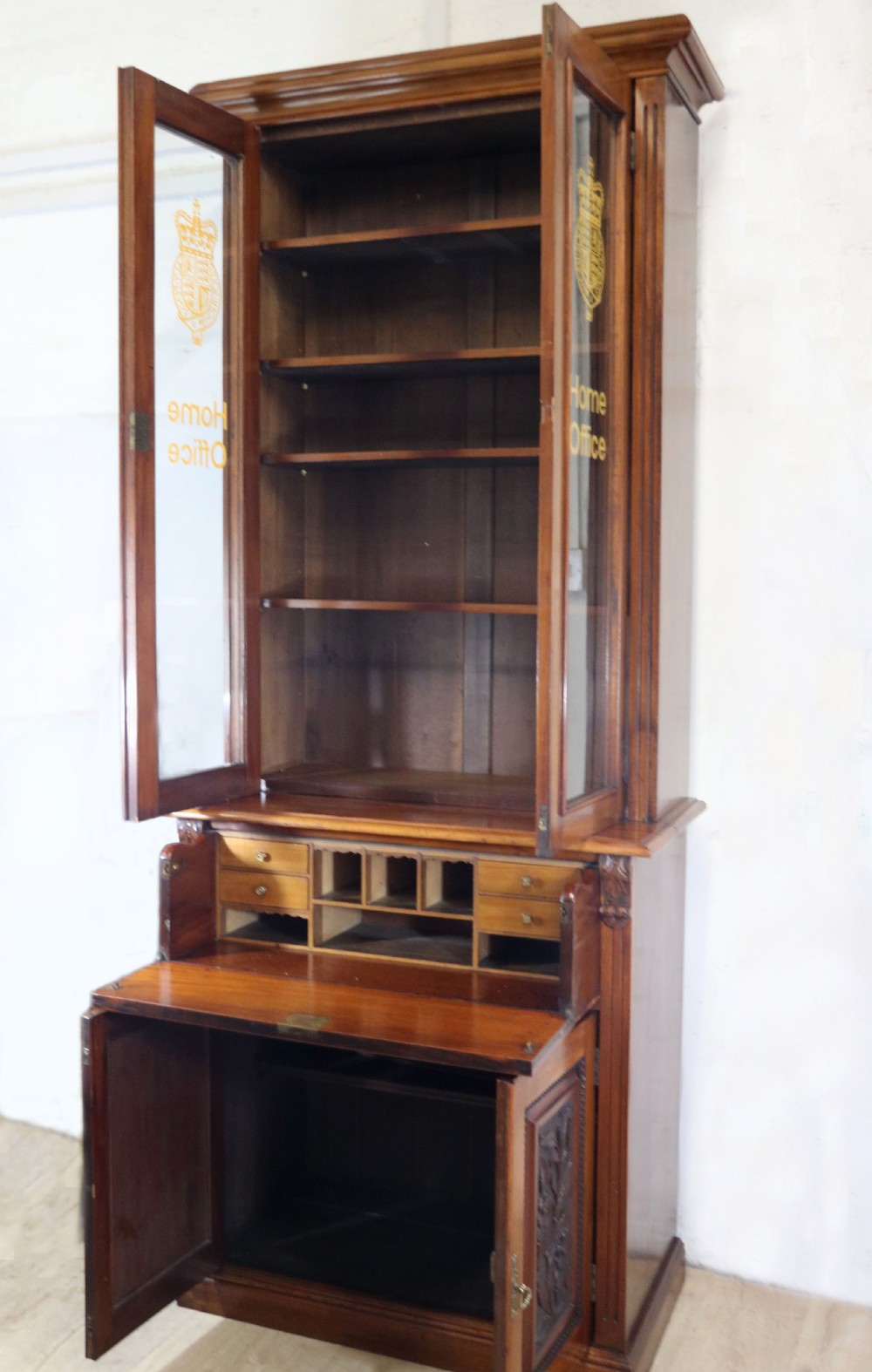 Late Victorian American walnut secretaire bookcase cabinet. View VII