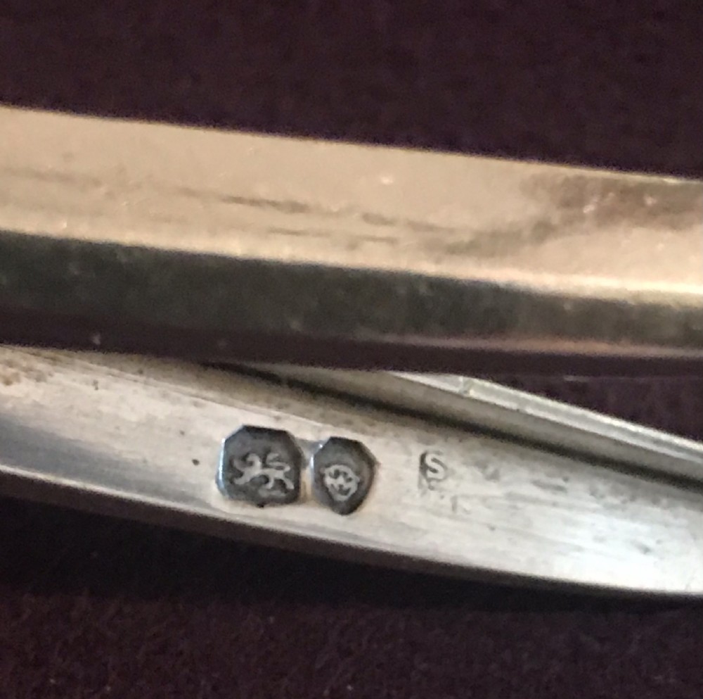 A pair of silver grape scissors featuring handles relief-moulded with grape clusters and vine leaves leading to round finger loops. View III