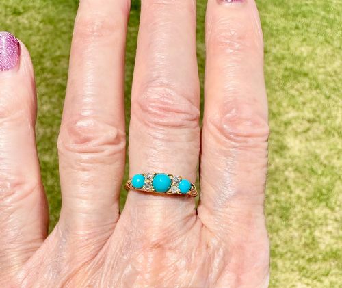 ANTIQUE TURQOUISE AND DIAMOND RING IN 18CT GOLD - ADDITIONAL PHOTO 4