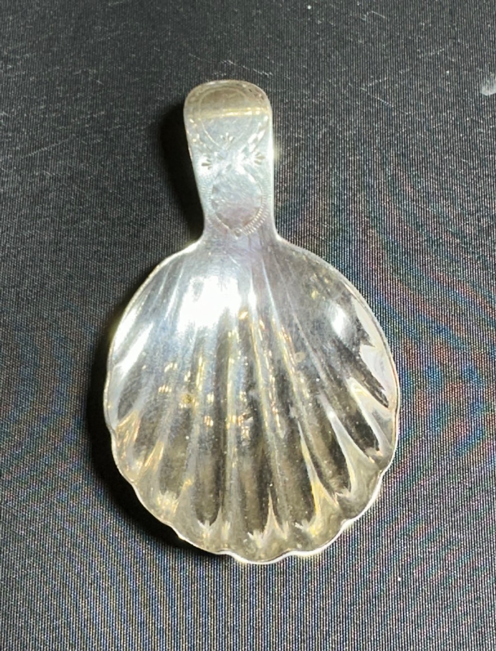 A sterling silver tea caddy spoon featuring a fluted shell-shaped bowl and an engraved handle.