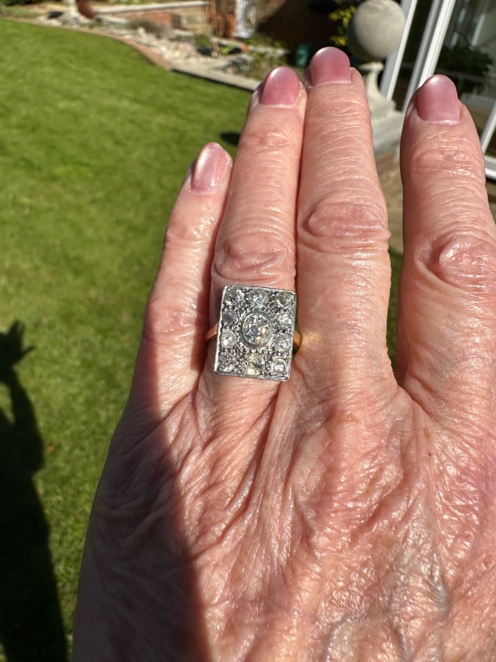 A rectangular platinum and diamond panel ring set with multiple diamonds on an 18ct gold shank. View III