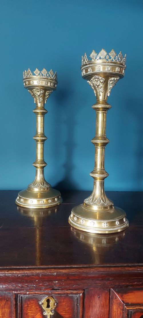 19th Century Gothic Brass Candlesticks.