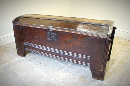 fig 1. A 16th century boarded oak clamp-front meal chest or ark, Welsh Borders, circa 1550