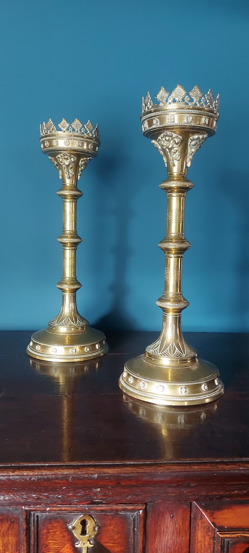 19th Century Gothic brass candlesticks. 