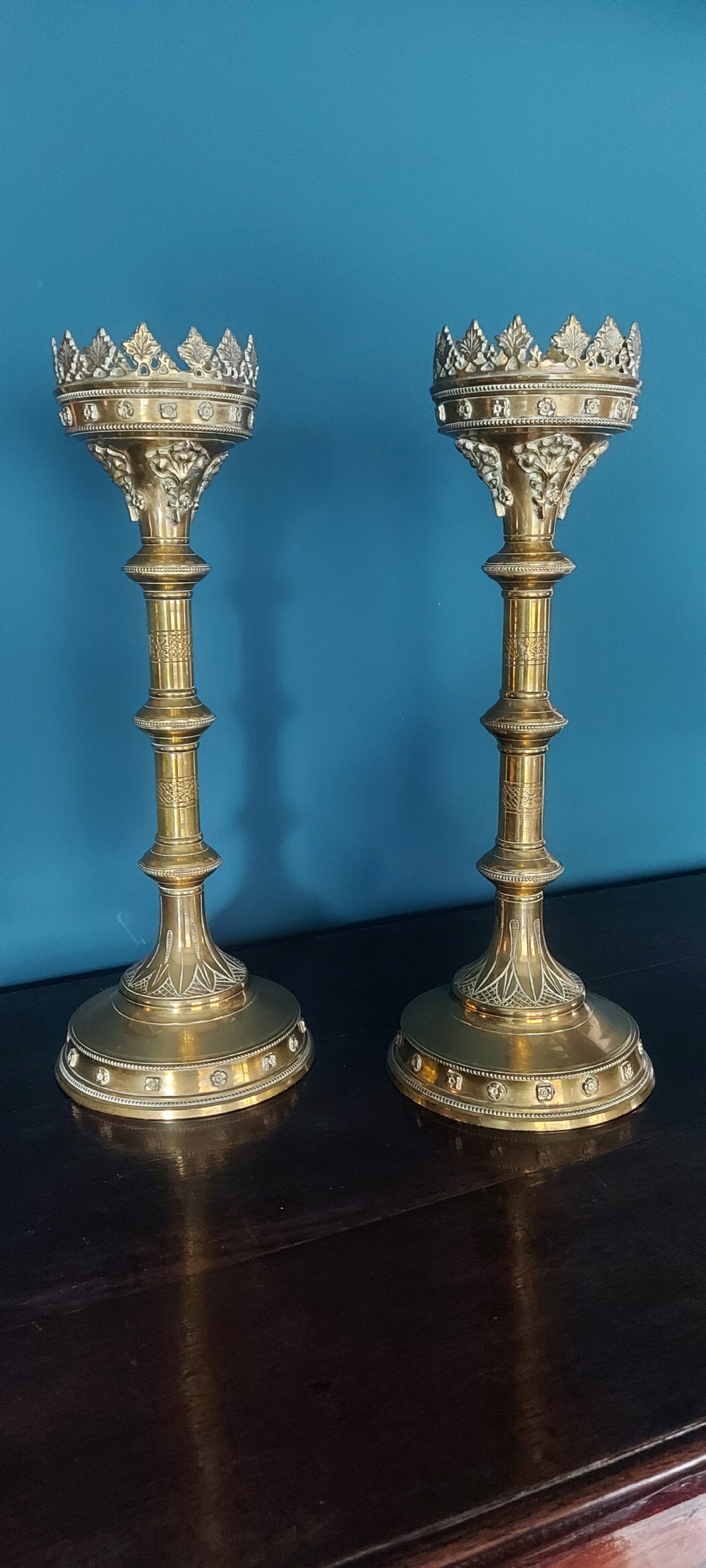 19th Century Gothic brass candlesticks.  View IV