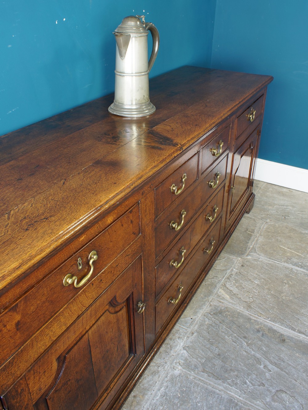A superb large English 18th Century Oak Dresser base. View IV
