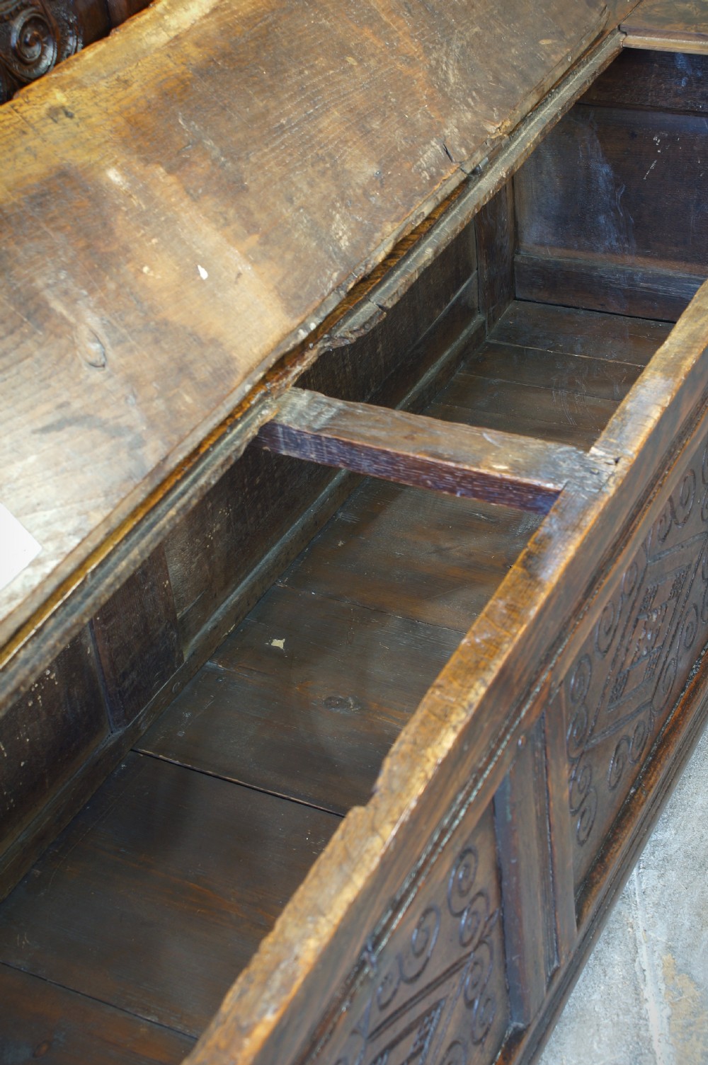 An Exceptional 17th Century Oak  Box Settle. View XVI