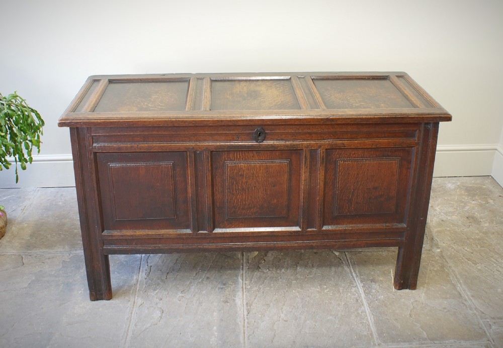 A 17th-century dark oak coffer featuring a three-panel front, hinged lid, and iron keyhole escutcheon resting on stile legs. View III