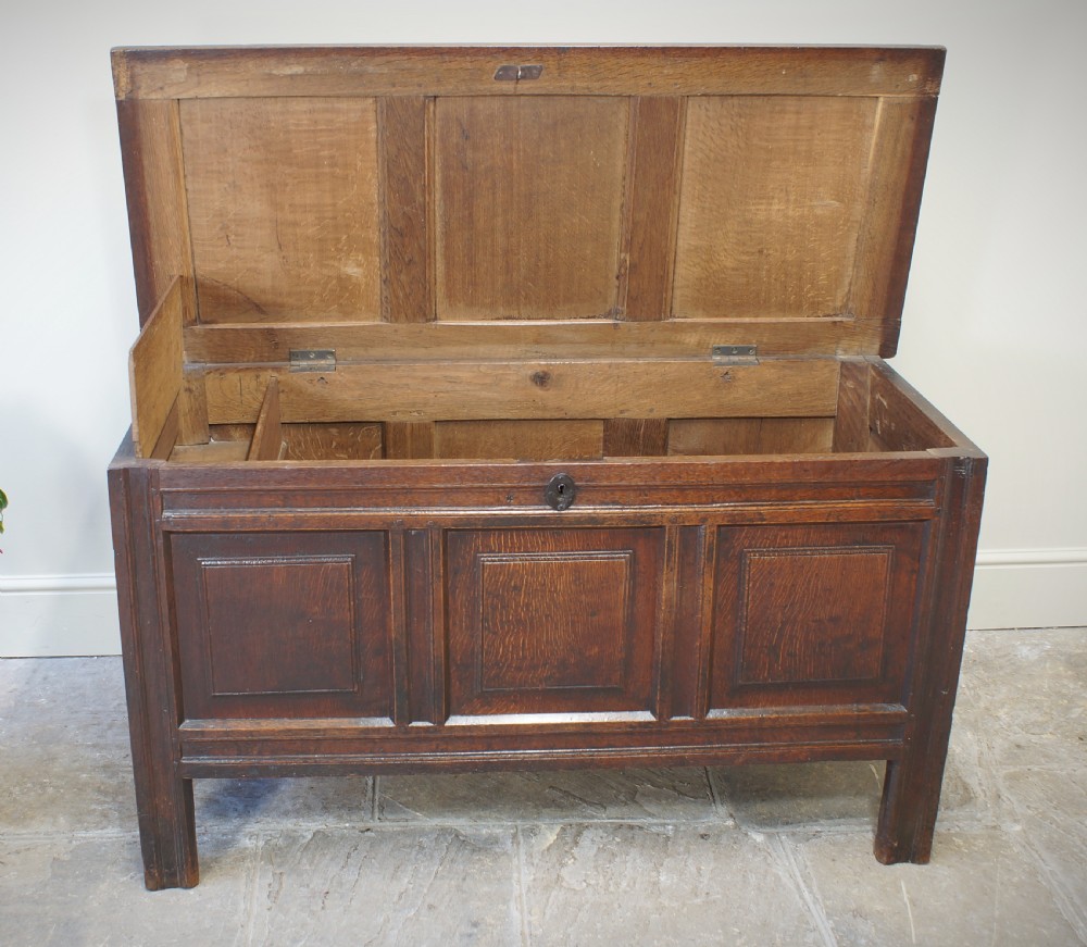 A 17th-century dark oak coffer featuring a three-panel front, hinged lid, and iron keyhole escutcheon resting on stile legs. View VIII