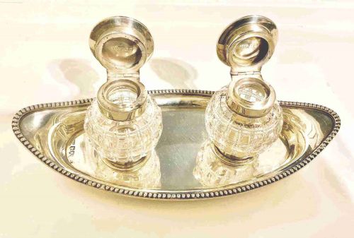 fig 1. Quality Victorian silver inkwells and stand