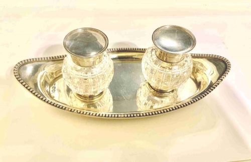 Quality Victorian Silver Inkwells and Stand