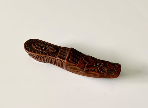 Carved Wooden Shoe Needle Case