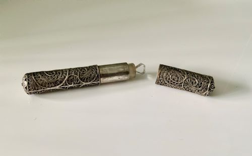 Georgian Silver Filigree Case with Glass Scent Bottle