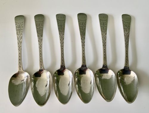 Set of Six Silver Bright Cut 19th Century Jersey Teaspoons