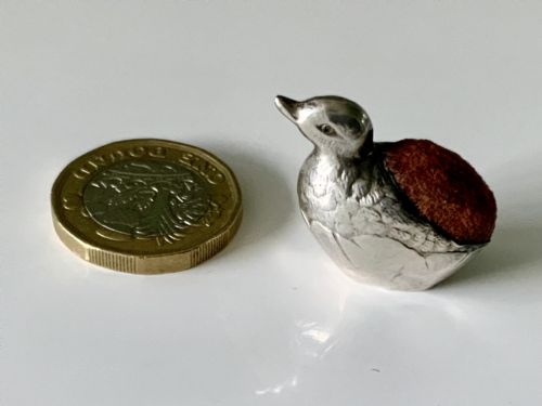 Rare Very Small Silver Hatching Duck Pin Cushion
