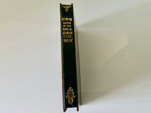 fig 1. An open nineteenth-century book showing an engraved frontispiece illustration of a ship sinking on the left and a printed title page titled A Narrative of the Loss of the Royal George on the right.