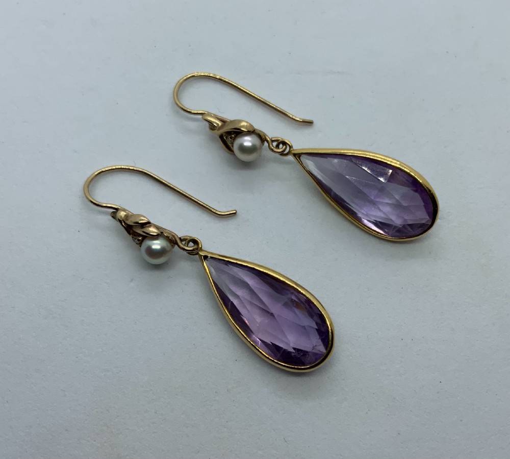 Edwardian gold amethyst & pearl earrings View II