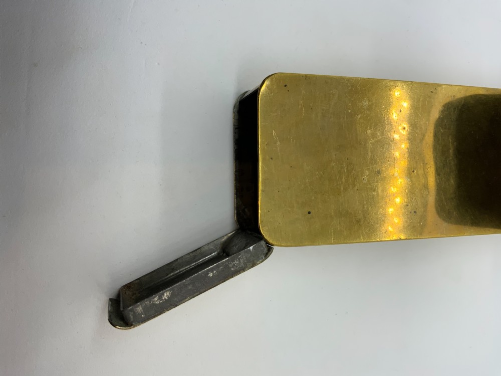 19th C brass pipe, vesta, tobacco box View III